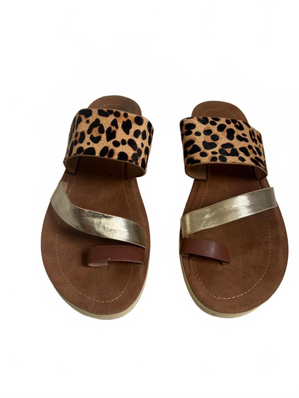 Steve Madden | Women’s ABIA Leather Leopard‎ & Gold Strap Slide Sandals Size 8